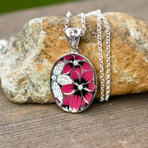 New Handcrafted Pink Lily Enamel Sterling Silver Pendant, Floral Necklace